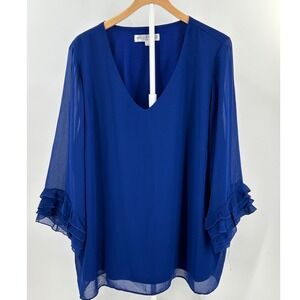 Chelsea & Theodore Royal Blue V-Neck Ruffle Cuff Chiffon Blouse Plus Size 3X
